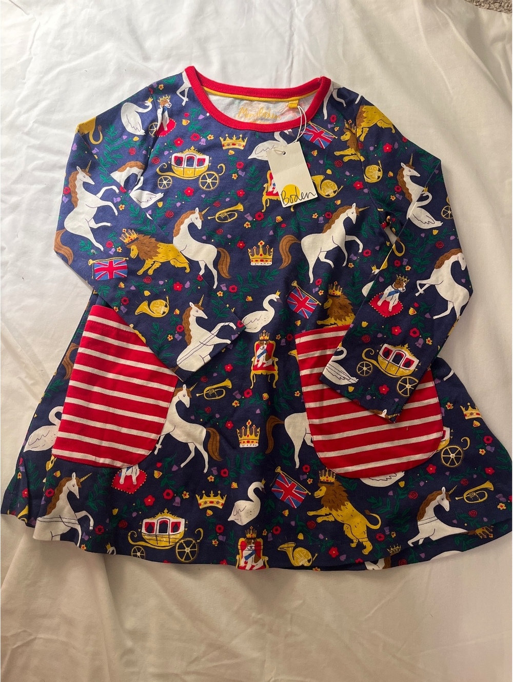 Mini Boden Girls' Navy Blue Unicorn Print Dress with Red Striped Pockets, Size 5